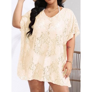 Coolmee Women Summer Plus Size Sexy Crochet Sheer Floral Beach Dress Bathing Suit Swim Coverup Mini Dress - 1 of 4