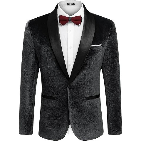 COOFANDY Men's Velvet Tuxedo One Button Jacket Dinner Prom Wedding Blazer Jacket Black M