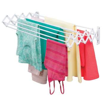 mDesign Steel Wall Mount Accordion Expandable Clothes Air Drying Rack - White
