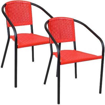 Sunnydaze Steel Frame and Polypropylene Seat and Back Aderes Outdoor Patio Arm Chair, Black Frame with Red Seat and Back, 2pk