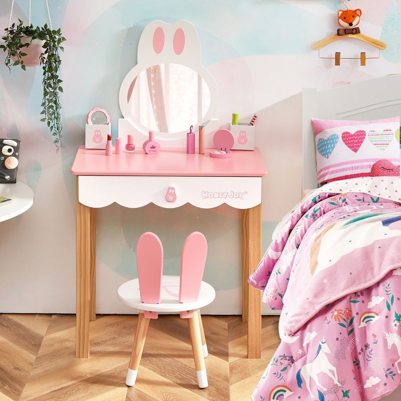 Costway Kids Vanity Set Rabbit Makeup Dressing Table Chair Set W/ Mirror Drawer White\Pink, 3 of 13