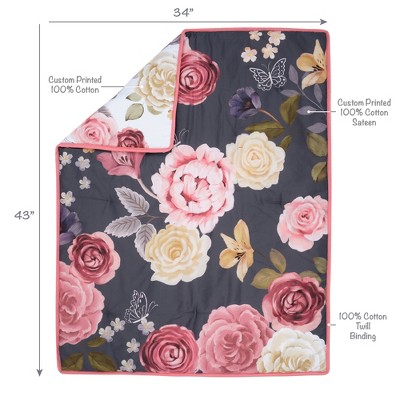 Luxury Pink and Gray Cotton Floral Reversible Crib Bedding Set