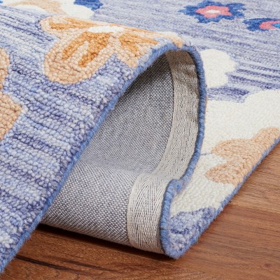 Ivory and Blue Floral Handmade Wool Tufted Rug, 4' x 6'