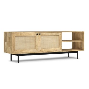65" Solid Mango Wood, Iron Metal, and Woven Raffia TV Media Stand with Handcrafted Finish, Natural Stain, and Powder-Coated Iron Base - 1 of 4