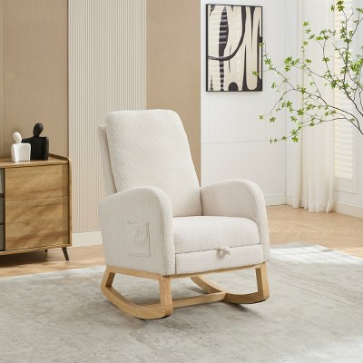 Nursery Boucle Rocking Chair with High Back and Retractable Footrest for Living Room or Bedroom-Cuddlewood
