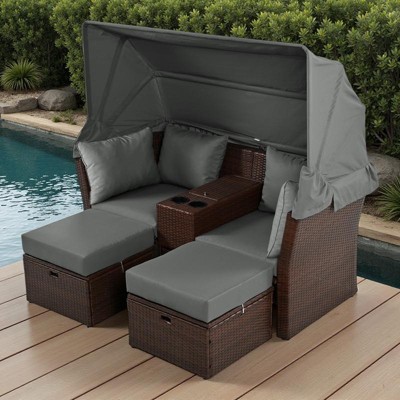 Convertible Outdoor Patio Daybed Loveseat Sofa Set with Retractable Canopy and Central Console