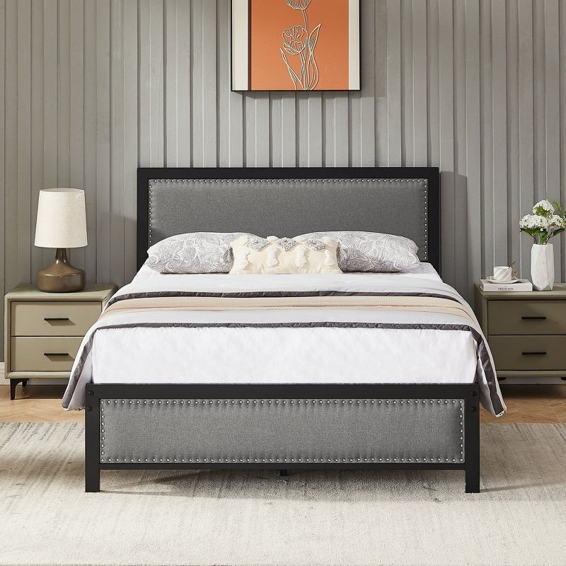 VECELO Metal Bed Frame with Linen Upholstered Headboard, Platform Bed with 12.6 in. Under Bed Storage and Nailhead, 4 of 12