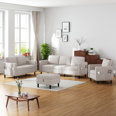 Mjkone 78" Linen Sectional Couches Set , 3-Seater Sofa with Storage Ottoman and Loveset Sofa and Armchair