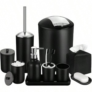 Black Bathroom Accessories Set, 10Pcs with Trash Can, Soap Dispenser, Toothbrush Holder, Soap Dish, Cotton Ball Holder - 1 of 4