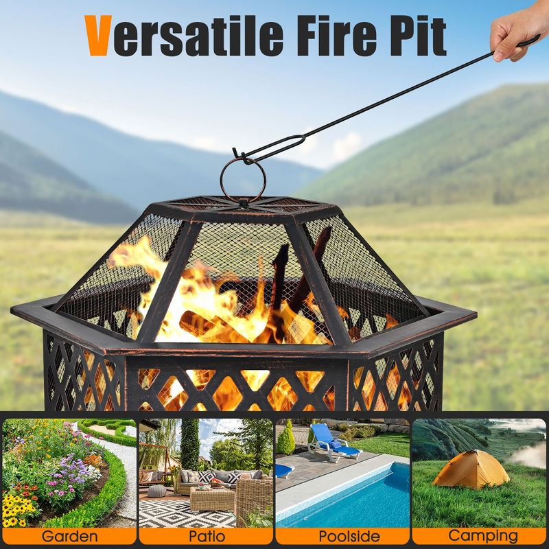 Costway 26''Outdoor Hex-shaped Fire Pit Wood Burning Bowl W/ Screen Cover and Poker, 5 of 11