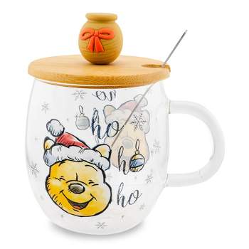 Silver Buffalo Disney Winnie the Pooh Holiday 17-Ounce Glass Coffee Mug With Lid and Spoon