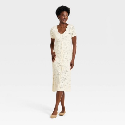 Женские платья Universal Thread Women's Western Short Sleeve Scalloped Crafted Midi A-Line Dress - Universal Thread™ Cream M