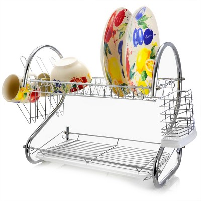 Chrome-Plated Two-Tier Dish Rack with Utensil Cup