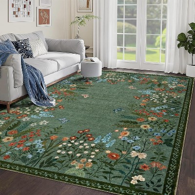 Acekool Washable 8x10 Floral Area Rug - Non-Slip, Soft & Machine Washable for Living Room, Bedroom, Green