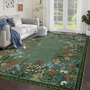 Acekool Washable 8x10 Floral Area Rug - Non-Slip, Soft & Machine Washable for Living Room, Bedroom, Green - 1 of 4