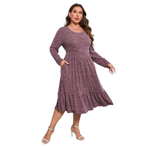 Plus Size Women's Ribbed Knit Maxi Dress - High Waist, Side Pockets, Round Neck Long Ankle-Length Dress - 1 of 4