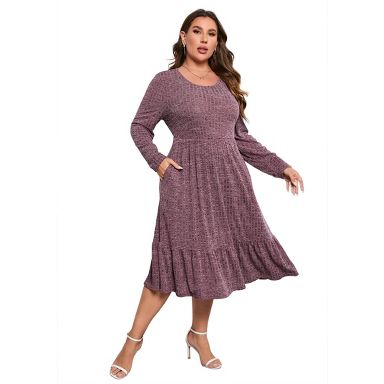 Plus Size Women's Ribbed Knit Maxi Dress - High Waist, Side Pockets, Round Neck Long Ankle-Length Dress Wine Red 1X