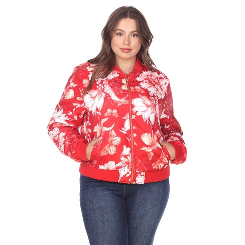 Women's Plus Size Floral Bomber Jacket Red White Mark : Target