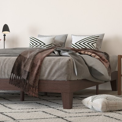 Walnut Finish Queen Wood Platform Bed Frame with Slats
