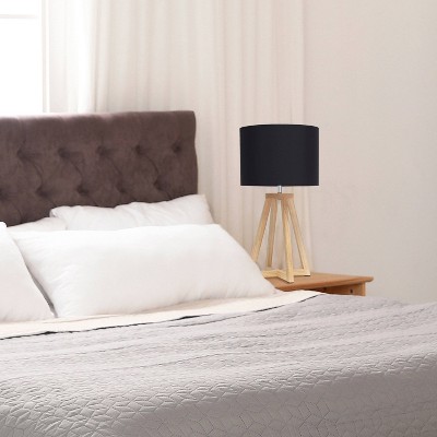 Natural Wood Tripod Nightstand Lamp with Black Barrel Shade