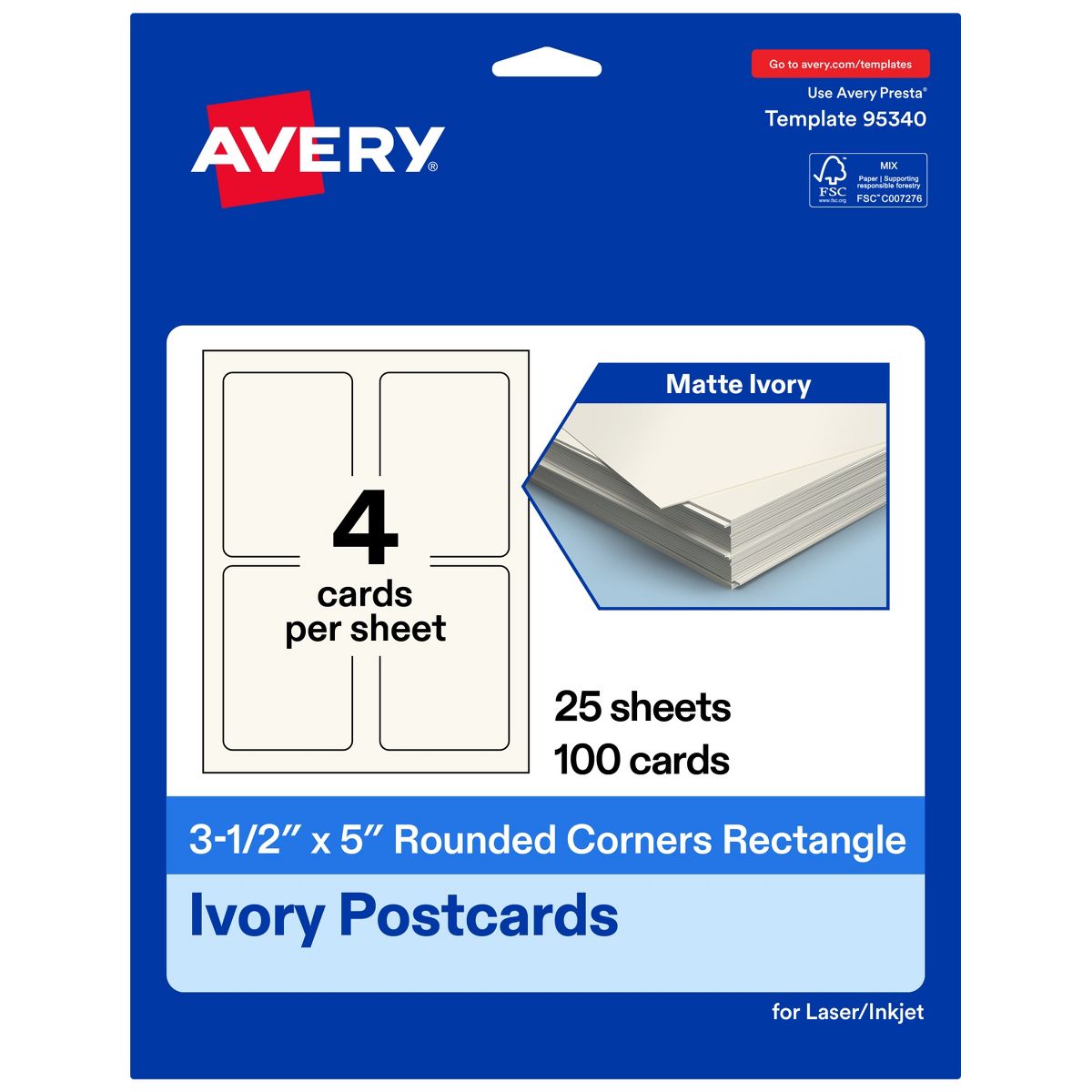 Avery Matte Ivory Postcards, 3-1/2" x 5" Rectangle Rounded Corners