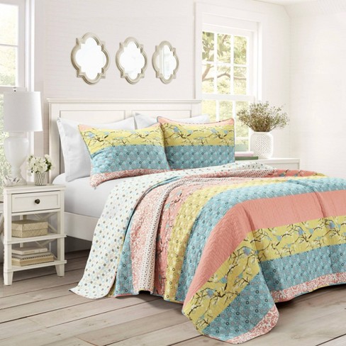 3pc Full/Queen Bohemian Stripe Reversible Oversized Cotton Quilt Bedding  Set Blue/Green - Lush Décor