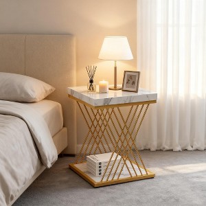 Gulches 2-Tier Square Side Table Faux Marble Top, X-Shaped Metal Frame, Compact for Small Spaces, Sturdy Engineered Wood/Metal - 1 of 4