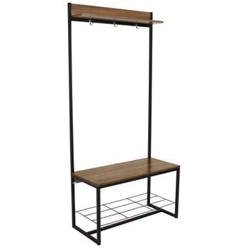 Sunnydaze Indoor Industrial-Style Hall Tree Bench with Coat/Shoe Rack - MDP Shelves with Powder-Coated Steel Frame - Brown - 67 in