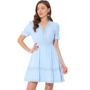 INSPIRE CHIC Women's V Neck Smocked Elastic Waist Short Sleeve Boho Crochet Trim Mini Dress - 1 of 4