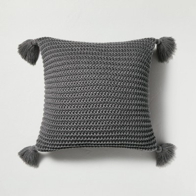 18" x 18" Chunky Knit Tassel Throw Pillow Dark Gray - Hearth & Hand™ with Magnolia