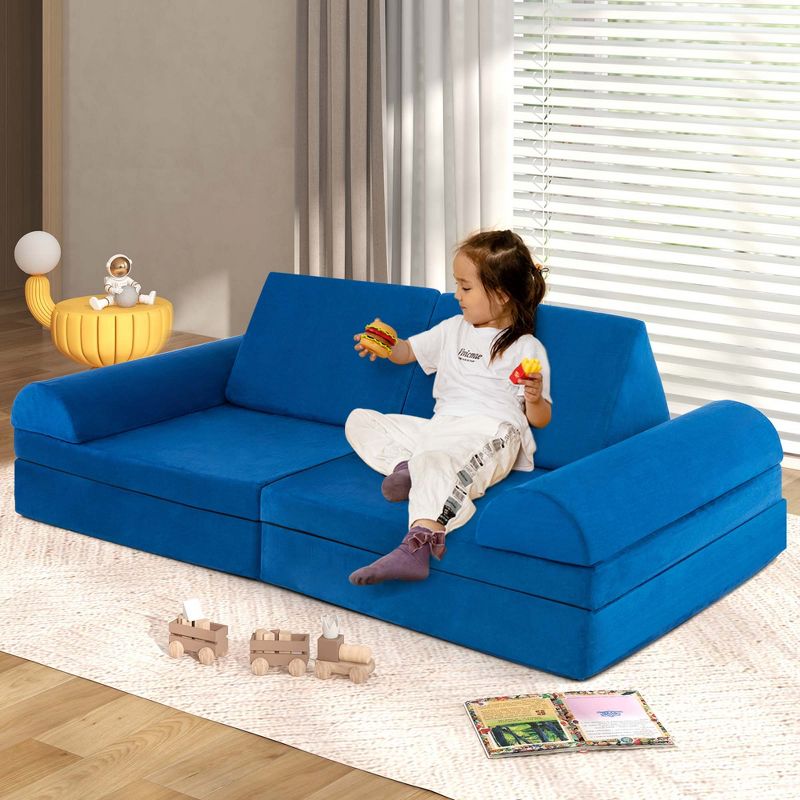 Costway 8 PCS Kids Play Sofa Set Modular Convertible Foam Folding Couch Toddler Playset Blue/Grey/Green, 3 of 11
