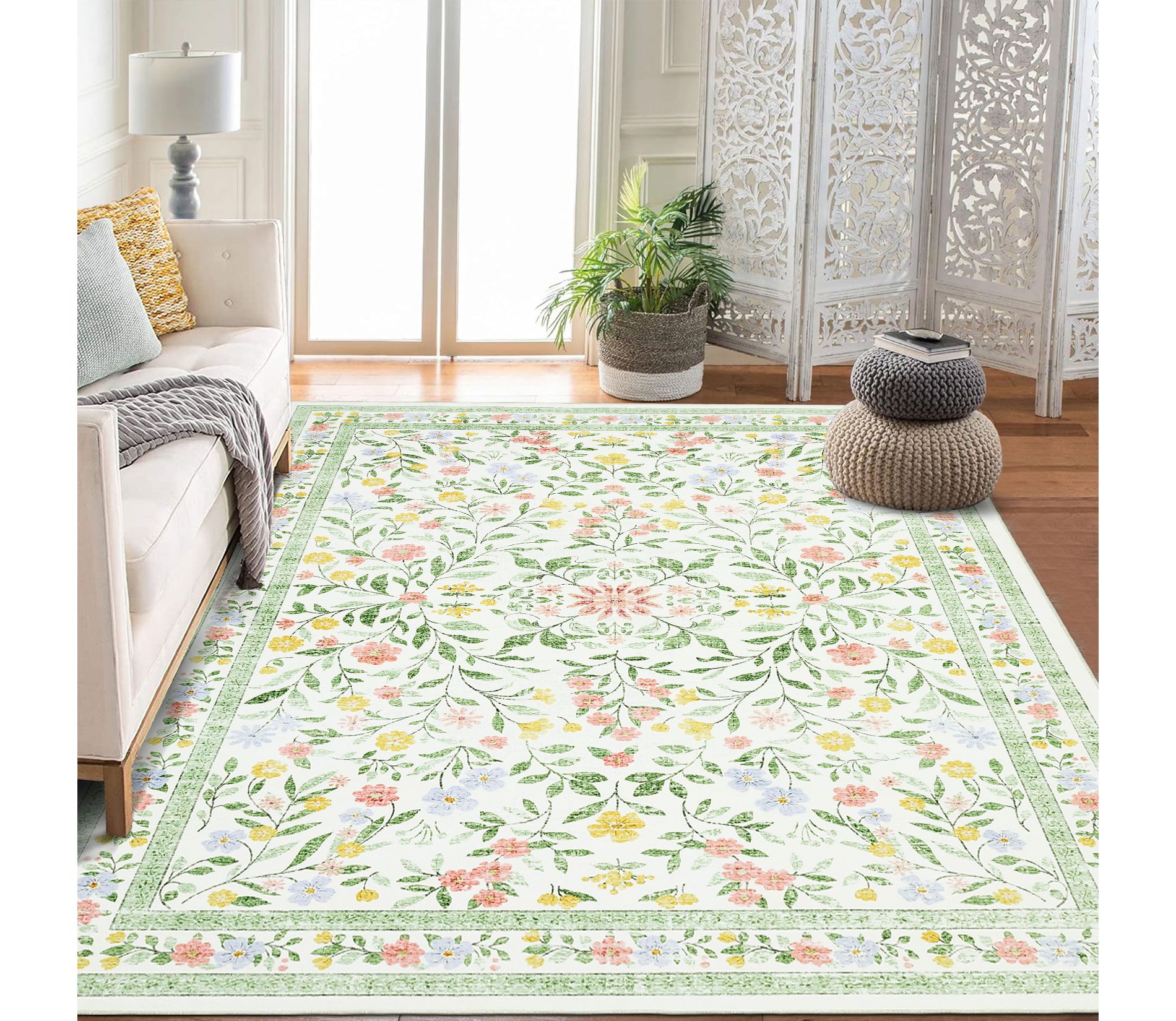 Floral Area Rugs for Living Room Washable Rug Non Slip Ultra Thin Boho Flower Indoor Floor Carpet for Girls Room Nursery Playroom