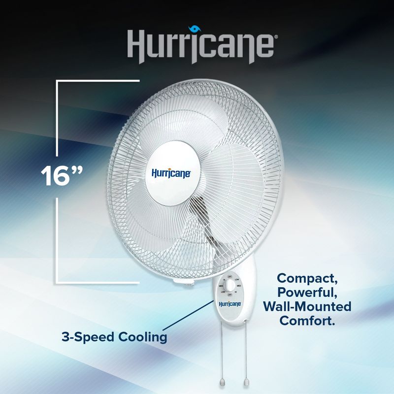 Hurricane Supreme 16 Inch 90 Degree Oscillating Indoor Wall Mounted 3 Speed Plastic Blade Fan with Adjustable Tilt and Pull Chain Control, White, 3 of 7