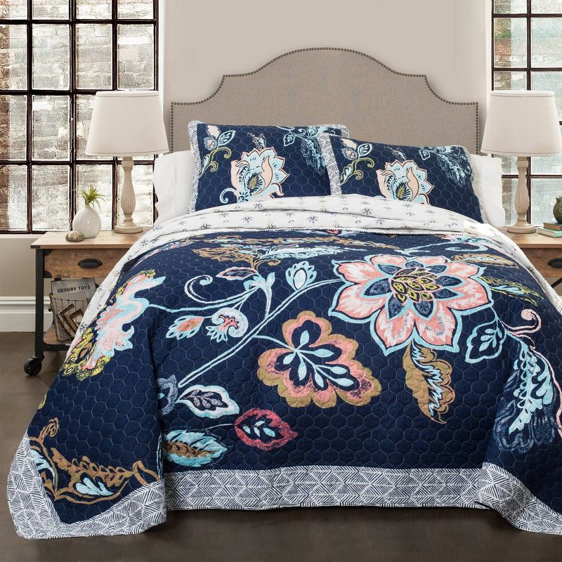 Aster Quilt Coral/ Navy 3 Piece Set - Lush Décor, 1 of 10