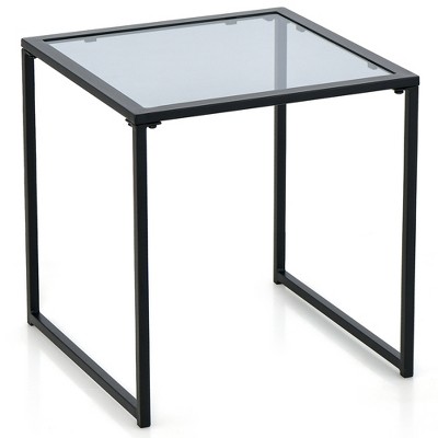 Black Tempered Glass and Metal Square Side Table