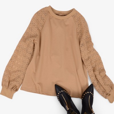 Anna-Kaci Women's Long Sleeve Knit Top with Sheer Lace Sleeves and Ribbed Cuffs