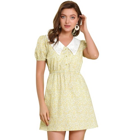 Allegra K Women's Floral Embroidered Contrast Collar Elastic Waist Dress  Yellow X-Large