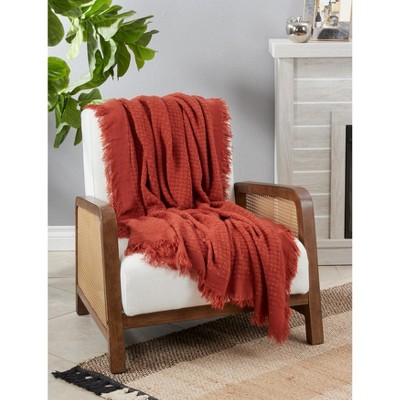 Burnt Orange Cotton Waffle Weave Throw Blanket with Fringe