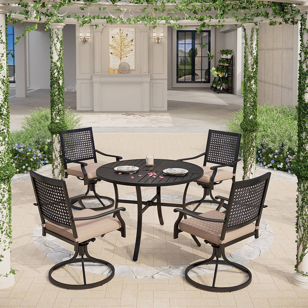 Photos - Dining Table 5pc Outdoor Dining Set with Swivel Chairs with Cushions & Round Metal Tabl
