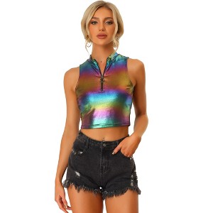 Allegra K Women's Metallic Mock Neck Zip-Up Shiny Holographic Crop Tank Top - 1 of 4