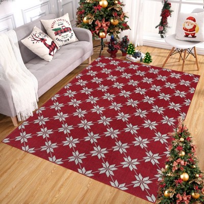 Checkered Festive Christmas Leaf Pattern Rectangular Rug Holiday Decor for Living Room Cozy Seasonal Mat Carpet