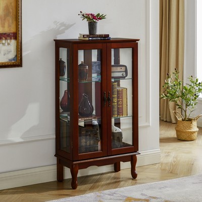 VYNXARIA Classic Cherry Curio Cabinet with Adjustable Shelves and Mirrored Back
