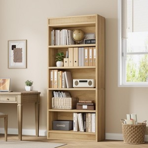 5 Tier Tall Bookcase wih Fluted Design, Farmhouse Bookshelf with Wooden Base, Wood Bookshelf Vintage Book Shelf for Office Library, White - 1 of 4