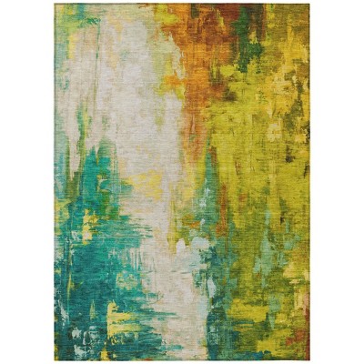 Green And Gold Abstract Washable Indoor Outdoor Area Rug
