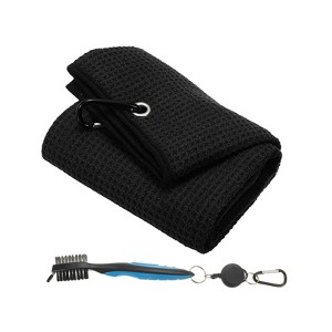 Unique Bargains Microfiber Waffle Tri-Fold Golf Towel with Groove Brush 1 Set 20"x16" Black Blue - 1 of 4