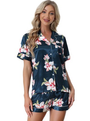 cheibear Women's Prints Button Down Shirt Shorts Satin Pajama Set 2 Pcs