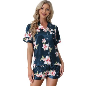 cheibear Women's Prints Button Down Shirt Shorts Satin Pajama Set 2 Pcs - 1 of 4