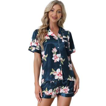cheibear Women's Floral Button Down Shirt Shorts Satin Pajama Set 2 Pcs