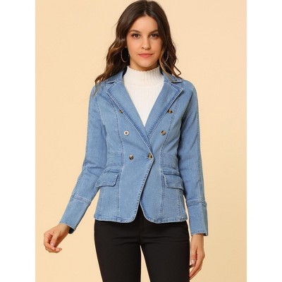 Allegra K Women's Regular Fit Casual Notched Lapel Long Sleeve Denim Pockets Blazer Medium Baby Blue — фото 3