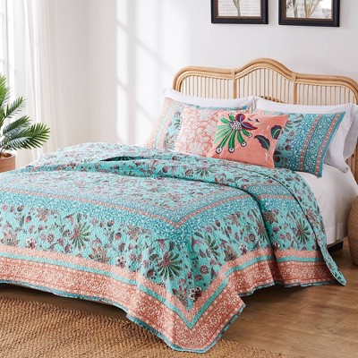 Turquoise and Coral Reversible Full Microfiber Quilt Set